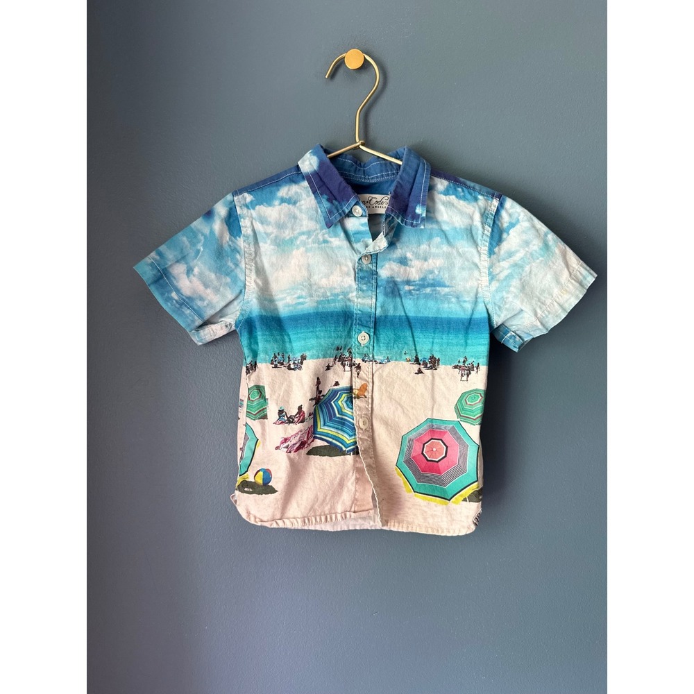 Sovereign Code Kids Beach Scene Print Button Down Shirt Blue Beige 18M